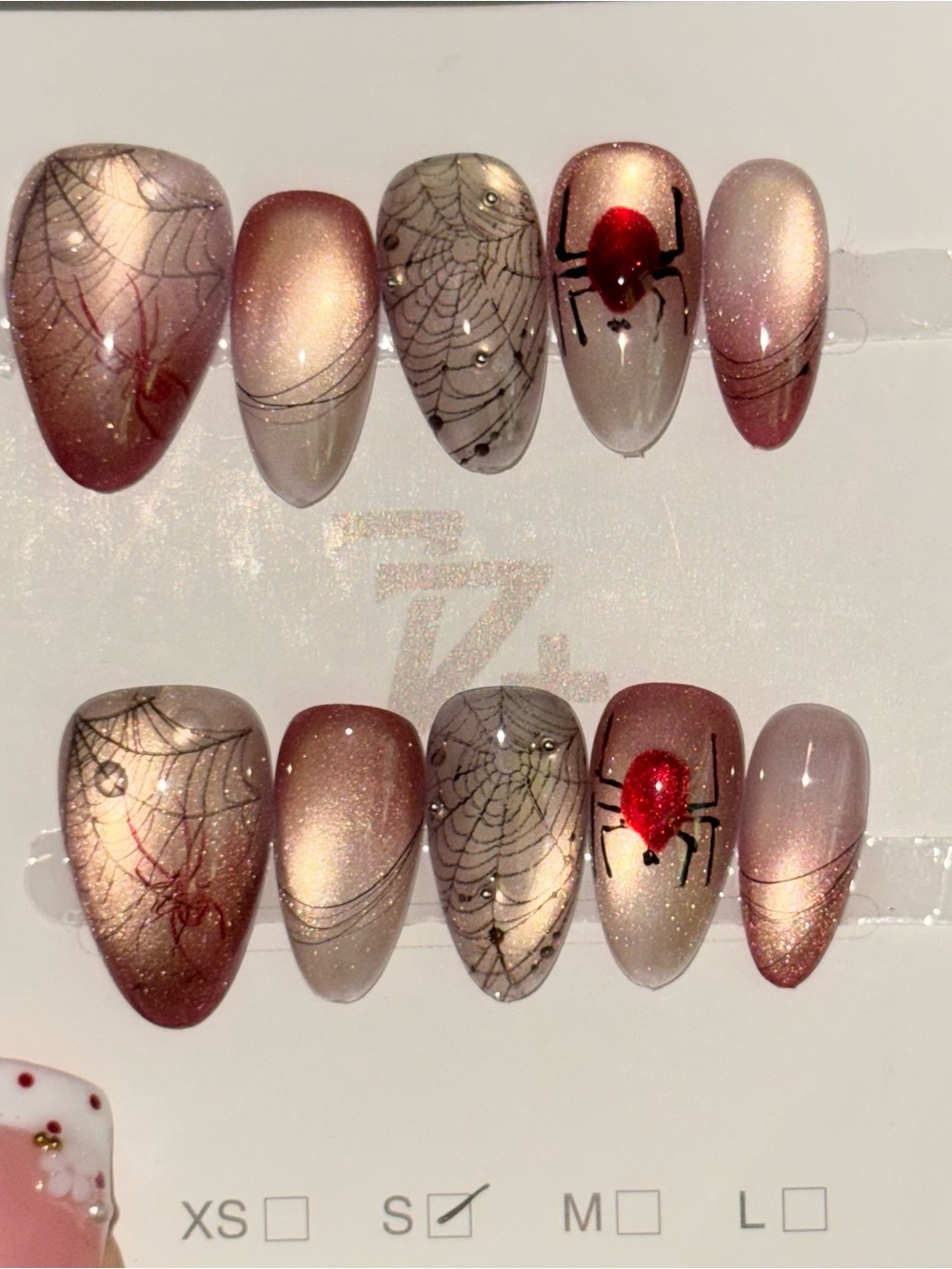 Halloween Spider Web Press-On Nails in Shimmering Rose Gold